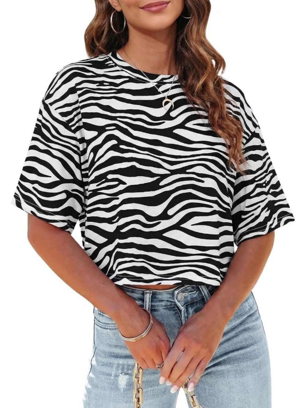 Women's Zebra Print Crew Neck Half Sleeves Loose Fit Casual Pull On Tees ShirtsW